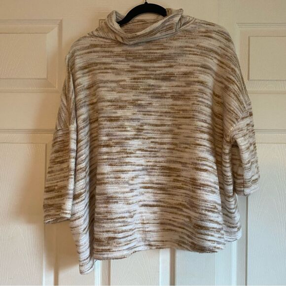Silence + Noise Anthropologie Cream And Tan Mock Turtleneck Short Sleeve Sweater - Picture 2 of 6